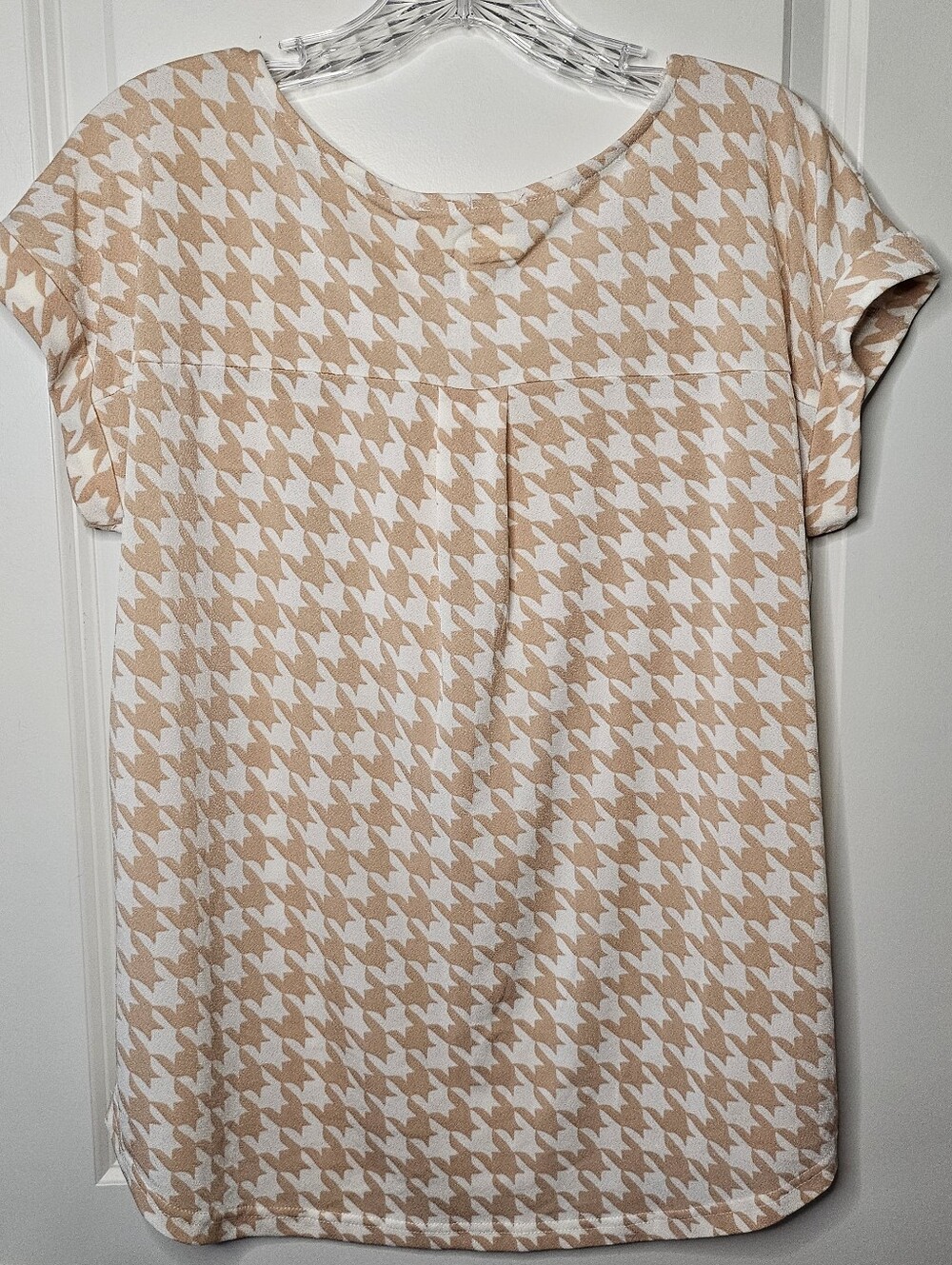 Flower & Feather Houndstooth Zip Front Blouse Tan Cream Medium Career Top - Picture 4 of 14